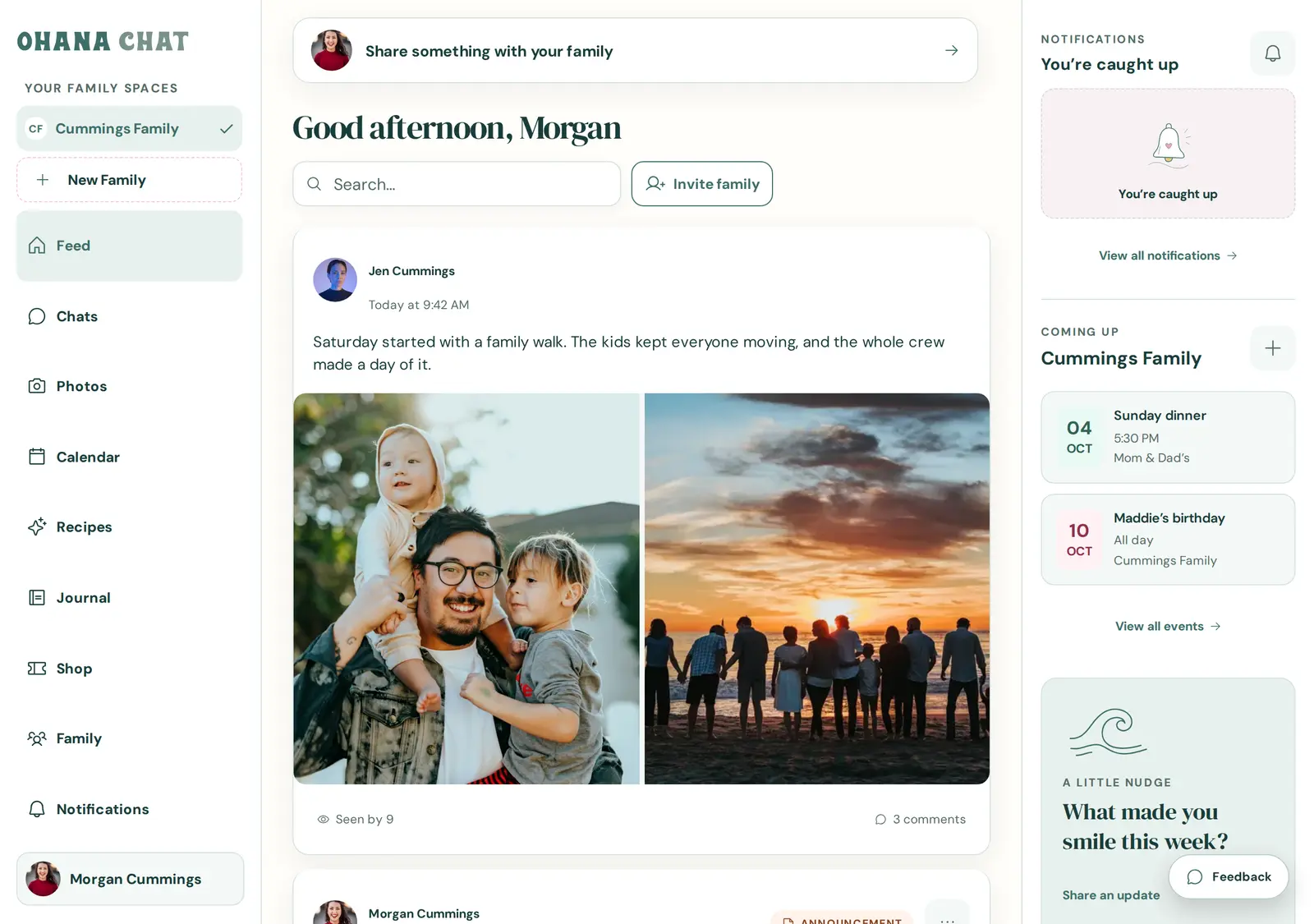 Current Ohana Chat desktop web app with the Sea Glass logo, family feed, colorful family photos, Chats navigation, and calendar