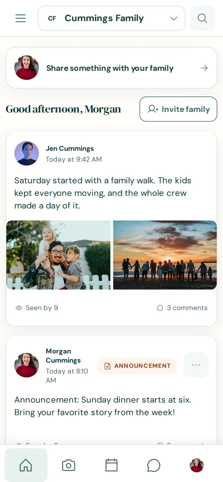 The same Ohana Chat family feed in an iPhone-sized mobile web layout